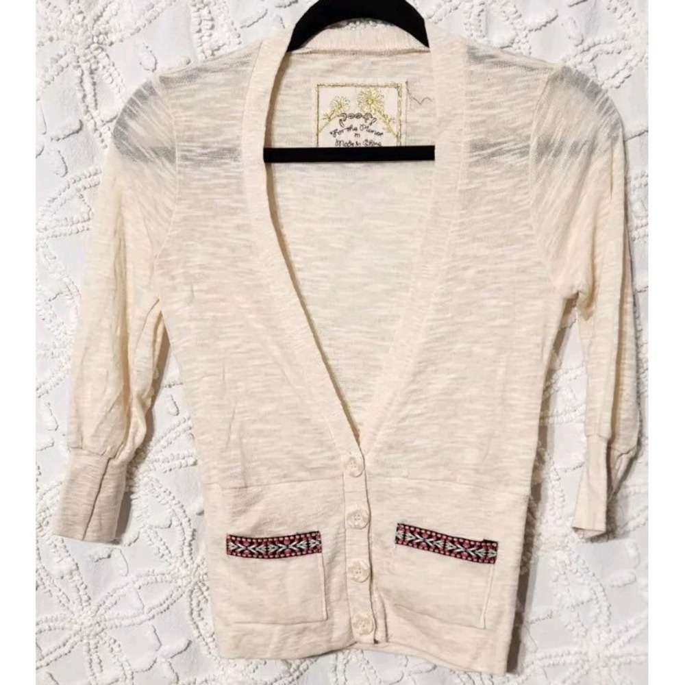 POOF Womens Cardigan Size M Oatmeal Beige Cottage Braided‎ Ribbon Trim NEW